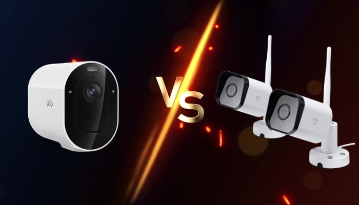 An undated image shows Arlo Pro 6 (left) and Geeni Hawk 3 (right) security cameras. — Canva/Arlo/Geeni