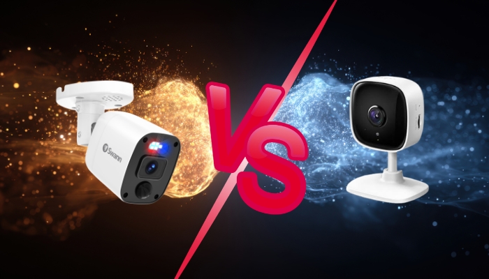 An undated image shows Swann Add-On DVR Bullet Camera (left) and Tapo C100 (right). — Canva/Swann/Tapo